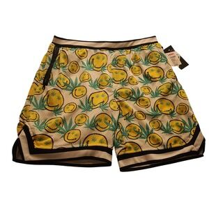 G-Net‎ Men's XL Mesh Basketball Shorts Smiley Face Green Leaf Print White Yellow